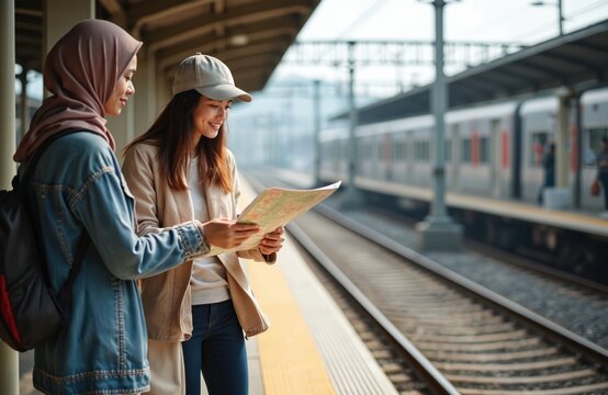 Two smiling women, one in hijab, one in cap, check paper map at train station platform. Asian friends plan trip, waiting for transport, excited for Japan journey.