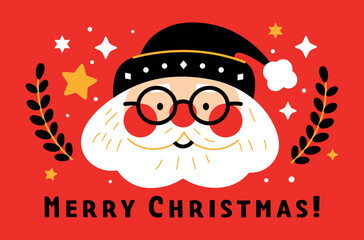 Cute Santa Claus vector illustration with glasses and a black hat. Merry Christmas text. Perfect for Christmas cards, invitations, posters, and festive holiday designs.