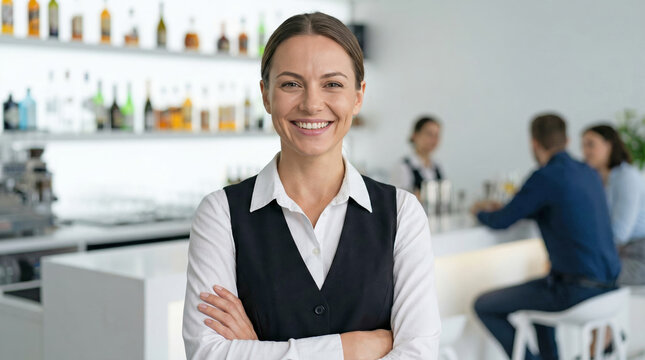 Smiling female bartender standing with arms crossed inside modern bar