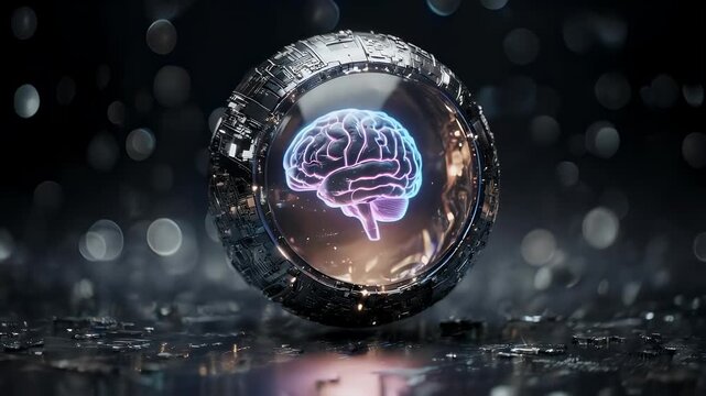 A glowing, stylized brain is encased within a futuristic, metallic orb. The scene is dark, with bokeh effects and a textured foreground