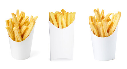 Tasty French fries in paper takeout containers isolated on white, set