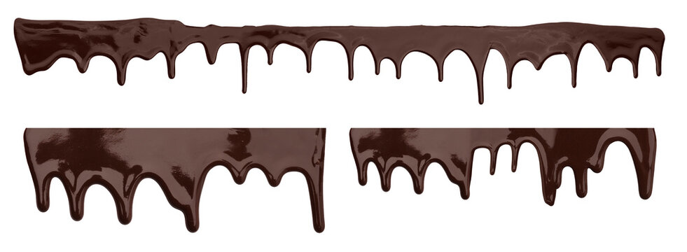 Melted chocolate dripping on white background, set