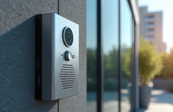 Exterior shot presents modern video. Mounted on grey wall. Features camera speaker. Device enhances building security, facilitates communication. Architecture offers sleek design. System for