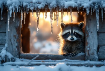 Fototapeta premium A curious raccoon peers out from a rustic cabin window framed with icicles