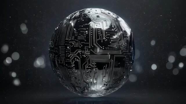 A metallic sphere, etched with a circuit board design, reflects light. The sphere has a dark, glossy finish and floats against a dark, bokeh-filled background