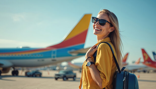 Young happy woman smiles brightly, wears sunglasses. She holds a backpack, stands at an airport tarmac. An airplane waits in the background on a sunny day. She is ready for adventure and travel. - Powered by Adobe