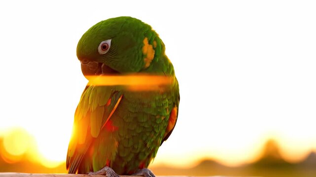 a vibrant green parrot perched against a bright sunset background, highlighting its colorful feathers. This parrot, with expressive eyes, adds life to the tranq