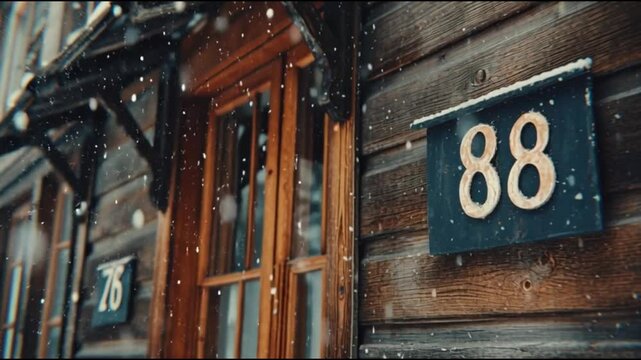Snow Falling on Rustic Wooden House with Number 88 Sign in Cold Weather