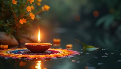 Diwali celebration photo with lit diya lamp floating in water. Traditional Indian festive design includes colourful rangoli artwork with floral details. Symbolic visual for Deepavali festival
