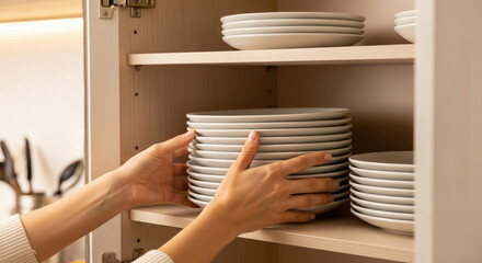Hands placing plates in cabinet, organizing white dinnerware on kitchen shelves. Plates arranged neatly for efficient storage, showcasing a tidy kitchen space.