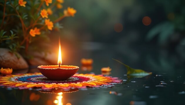Diwali celebration photo with lit diya lamp floating in water. Traditional Indian festive design includes colourful rangoli artwork with floral details. Symbolic visual for Deepavali festival