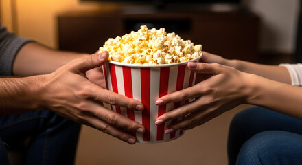 Hands passing popcorn bowl during movie night with cozy atmosphere. Enjoyable movie night occurs with friends sharing popcorn in striped bowl. Concept for fun gatherings and entertainment experiences.