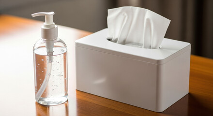 Hand sanitizer and tissue box on wooden table for hygiene needs. Hand sanitizer is clear liquid in stylish dispenser next to modern tissue box. Concept hygiene essentials for home or office setting.