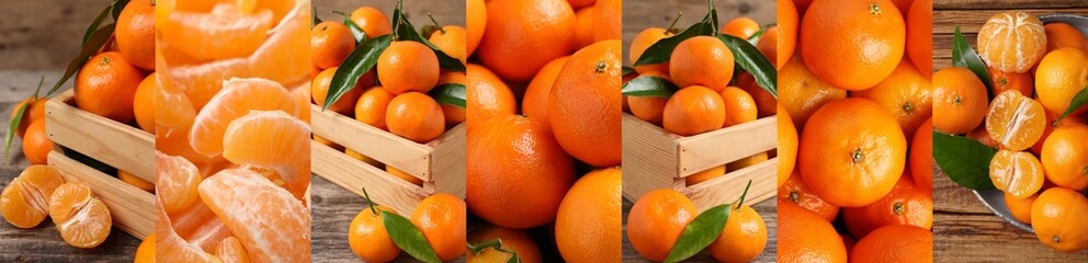 Collage with fresh tangerines, banner design. Citrus fruit