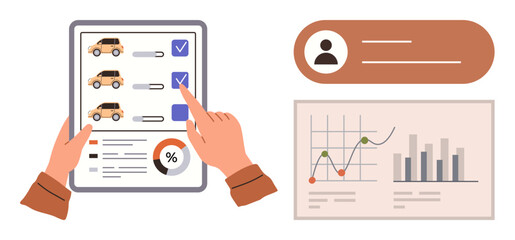 Hands interact with checklist of car models, charts display data trends, profile for user info. Ideal for decision-making, data analysis, evaluation, car selection, user profile, business research
