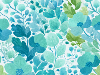 seamless spring vintage floral pattern in blue green and white- watercolor style, retro maximalist wallpaper design with flowers and leaves.