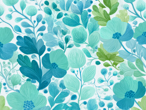 seamless spring vintage floral pattern in blue green and white- watercolor style, retro maximalist wallpaper design with flowers and leaves.