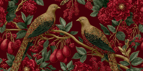 Christmas italian luxury designer brand inspired wallpaper style pattern, partridge in a pear tree, dark rich reds greens and golds- high end luxury interior design christmas subtle theme, maximalist 