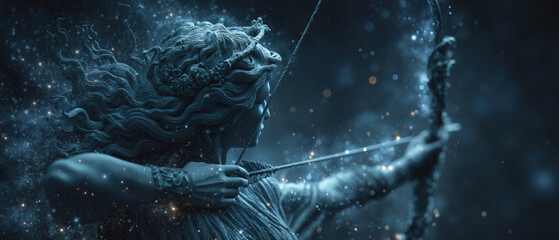 Fototapeta premium Ethereal archer Sagittarius in cosmic nightscape with celestial lighting and enchanted atmosphere, concept of Zodiac sign