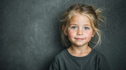 Portrait of a happy young girl with blonde hair and blue eyes against a gray background