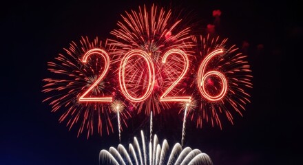 Bright red fireworks display celebrating the year 2026