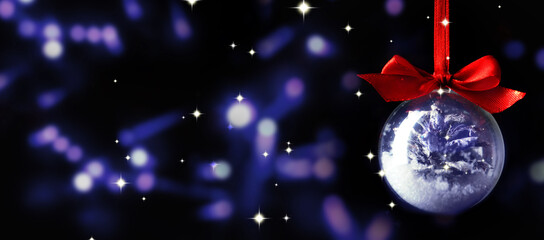 Christmas ball and magic lights against dark background, banner design. Transparent festive...