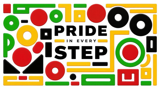 Pride in every step text with colorful geometric shapes. Black History Month and Juneteenth celebration banner. Modern abstract design with Pan-African colors