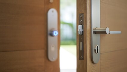 Smart lock system on an open wooden door home security technology