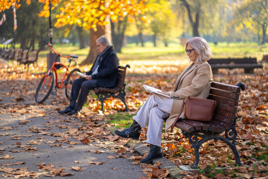 Couple enjoying a relaxing autumn day in the park, reading books on a bench