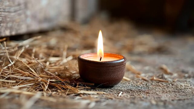 Candlelight flickering on rustic surface amidst straw reflections in warm ambient setting