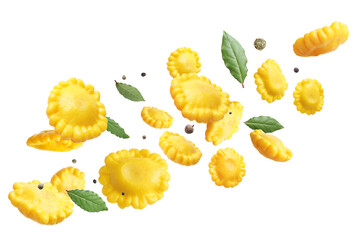 Canned pattypan squashes, bay leaves and peppercorns flying on white background