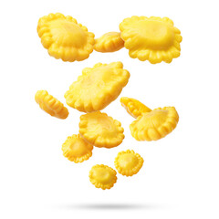 Canned pattypan squashes falling on white background