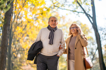 Fototapeta premium Happy senior couple enjoying a walk in the park on a sunny autumn day