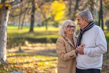 Obraz premium Happy senior couple enjoying a walk in the park during autumn