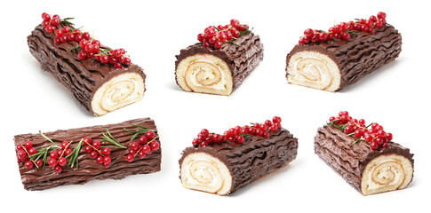 Christmas cake isolated on white, collage. Yule log