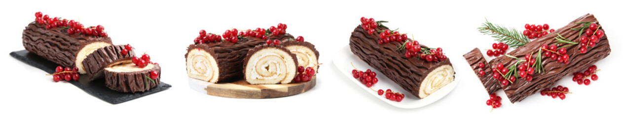 Christmas cake isolated on white, collage. Yule log
