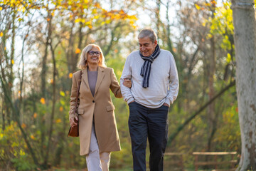 Naklejka premium Happy senior couple enjoying a walk in the park on a sunny autumn day