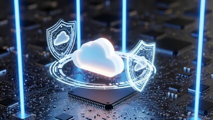 Cloud Security and Data Protection Concept. Digital Shield Guarding Computing Server