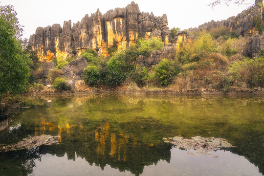 View of jagged stone formations reflect in the still water, framed by lush greenery and a muted sky, a serene landscape, Kun Ming Shi, Yun Nan Sheng, China.