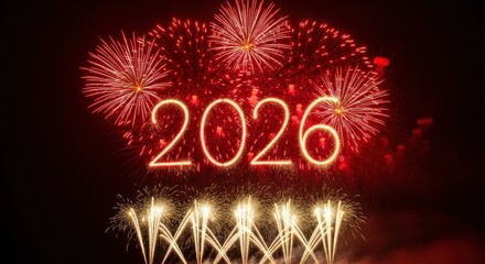 Bright red fireworks celebrate the arrival of the year 2026