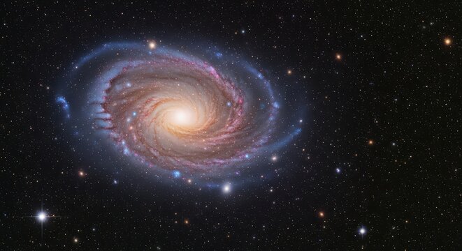 Beautiful spiral galaxy in deep space with bright central core and starry background