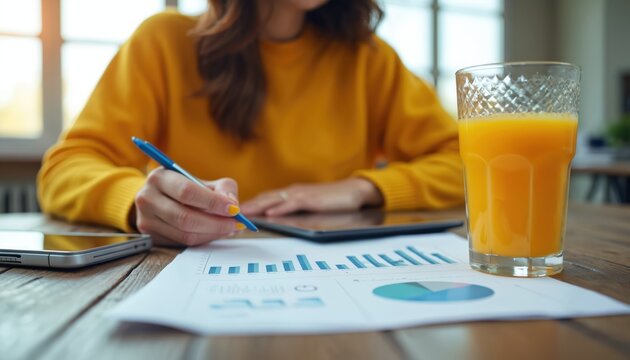 Businesswoman analyzes data with tablet, pen beside orange juice. Focused on strategic planning reviews charts graphs. Represents productivity wellness professional growth in modern office setting. - Powered by Adobe