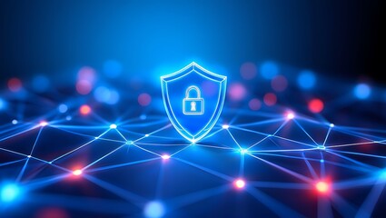 Cyber security concept shield lock abstract data network protection system