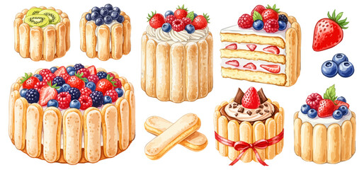 シャルロットケーキ（ベリー・キウイ）とビスケットのセット,フランス菓子,ケーキ,デザート,水彩,リアル
