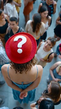 Curious crowd gathers around woman with question mark hat at event