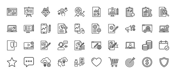 Fototapeta premium Business and marketing line icon set. Vector pictograms of charts, gear, target, laptop, and reports, thin linear illustration.