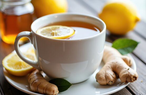 Ginger tea with lemon in a white cup on a rustic wooden table beside a jar of honey