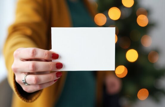 Woman presenting a blank card toward camera with warm blurred lights and bokeh