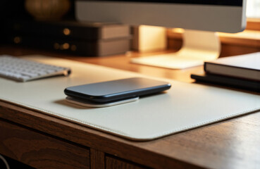 Smartphone resting on a clean desk mat in a tidy, modern, organized workspace