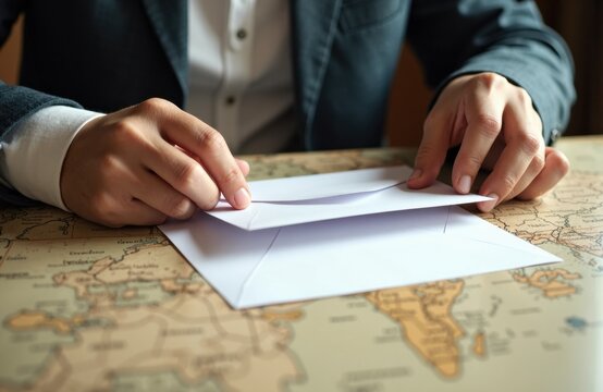 Man handling envelopes on a world map during a business planning session